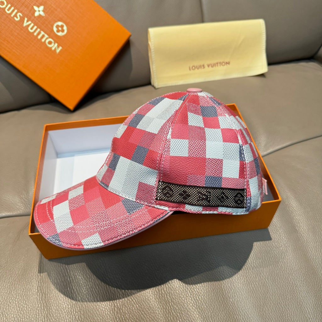 Red, white, and blue check print cap with adjustable strap