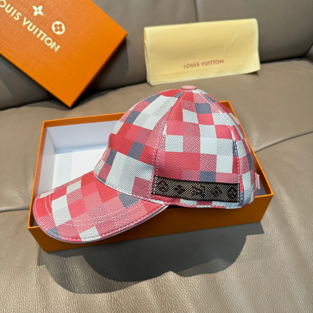 Red, white, and blue check print cap with adjustable strap