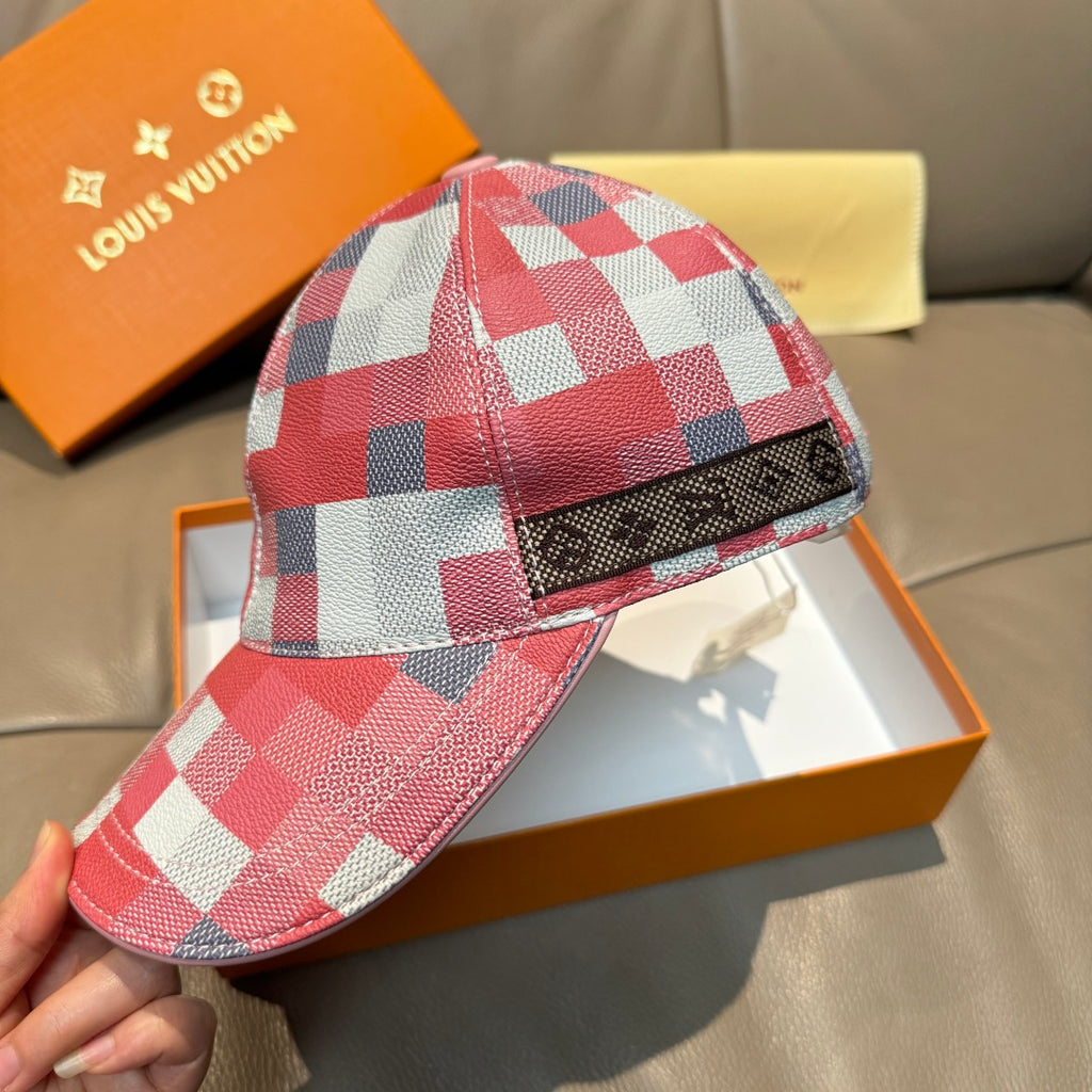 Red, white, and blue check print cap with black strap panel