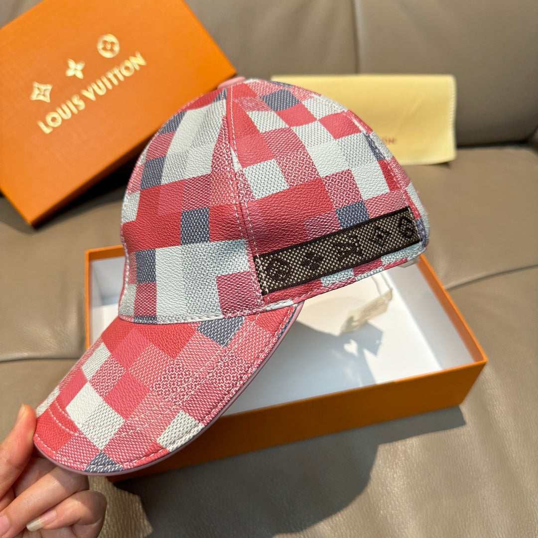 Red, white, and blue check print cap with black strap panel