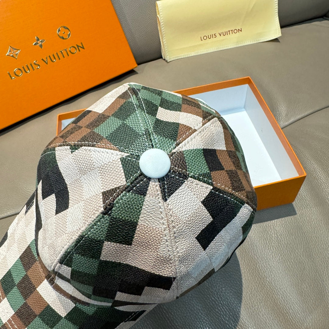 Louis Vuitton plaid baseball cap with green and cream pattern plus top button detail
