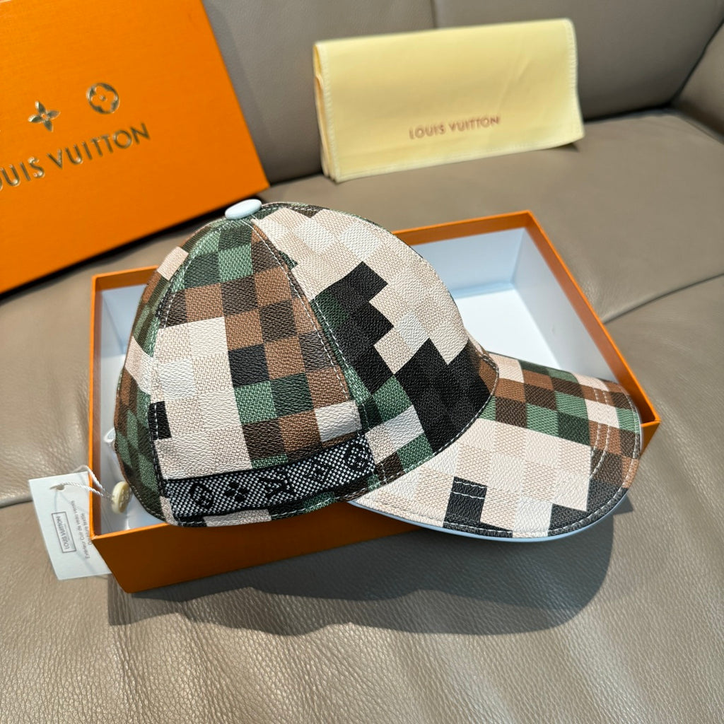 Louis Vuitton baseball cap with green, cream, and brown plaid panels and matching brim