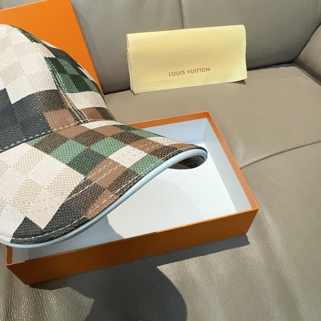 Louis Vuitton plaid baseball cap, green cream and brown check pattern seen from the side