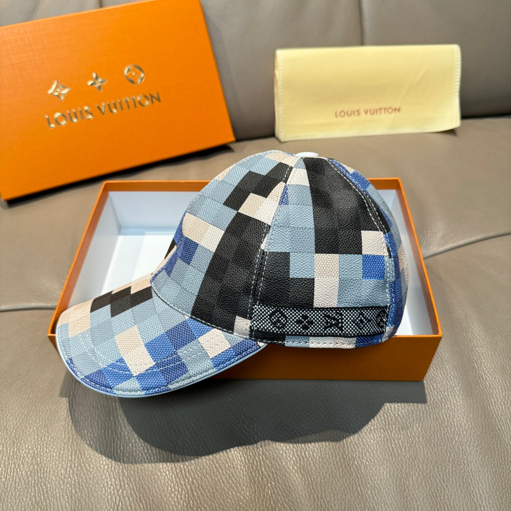 Louis Vuitton cap with blue, black, and white check pattern and adjustable strap.