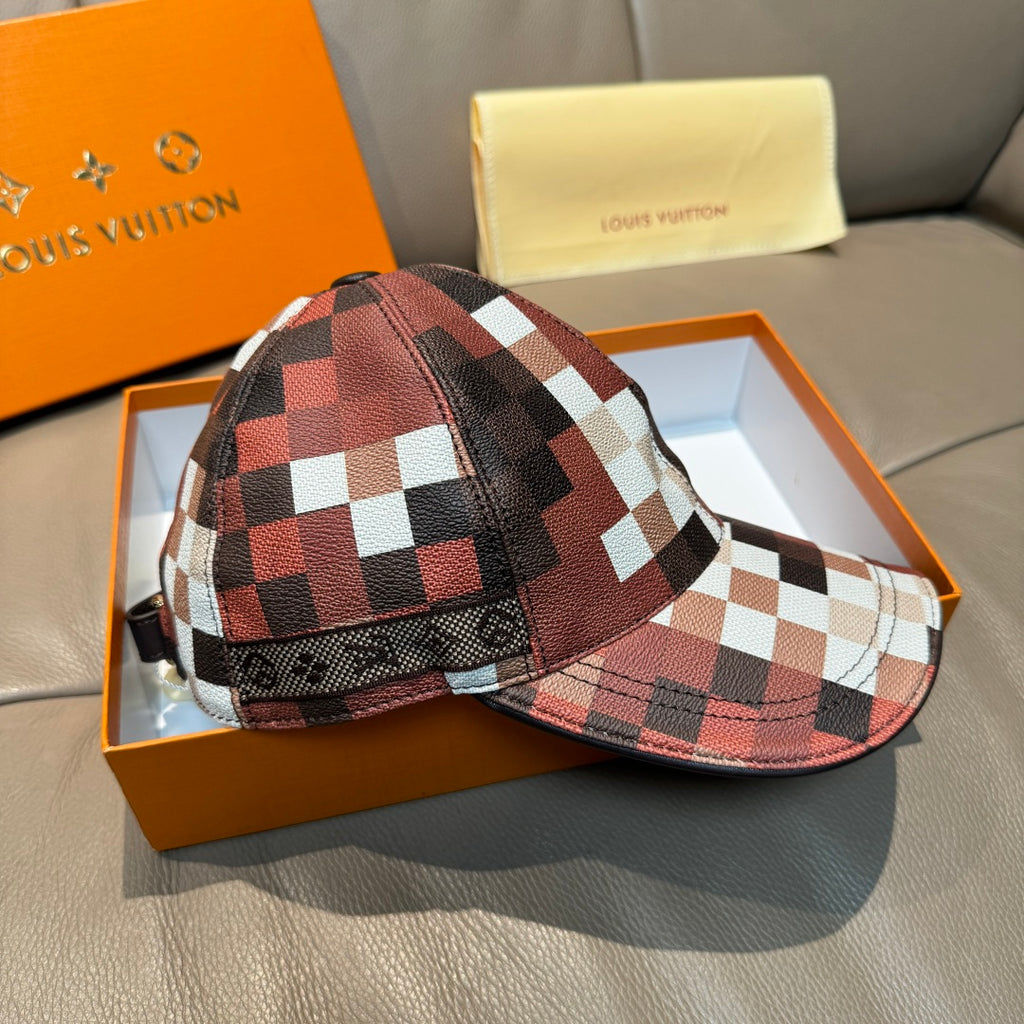 Louis Vuitton cap with red, white, and black plaid check panels and curved brim