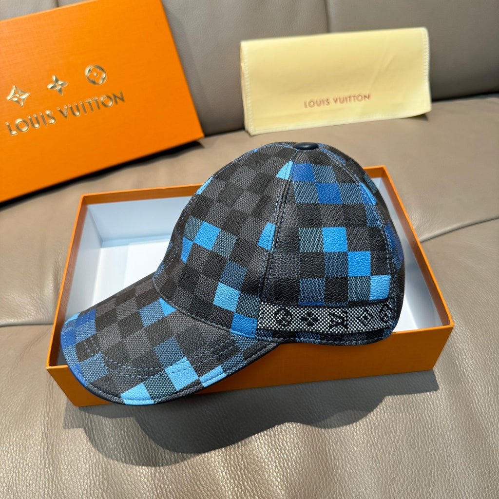 Louis Vuitton baseball cap, blue and black checkered crown with curved brim