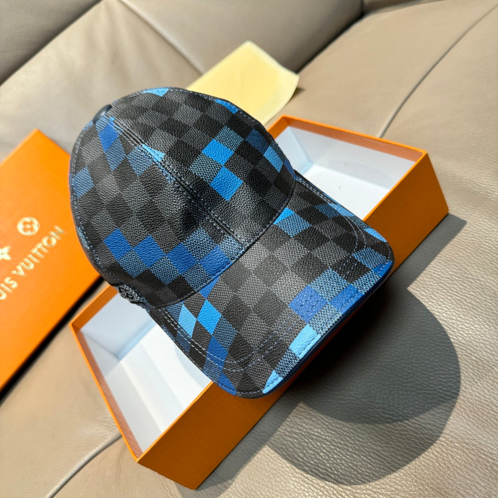 Louis Vuitton baseball cap in blue and black checkered fabric with curved brim