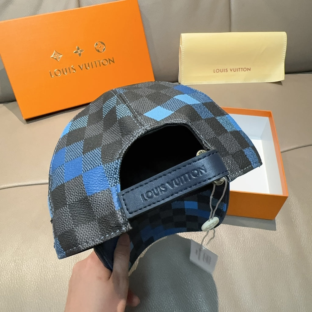 Louis Vuitton cap in blue and black checkered fabric with black logo patch strap