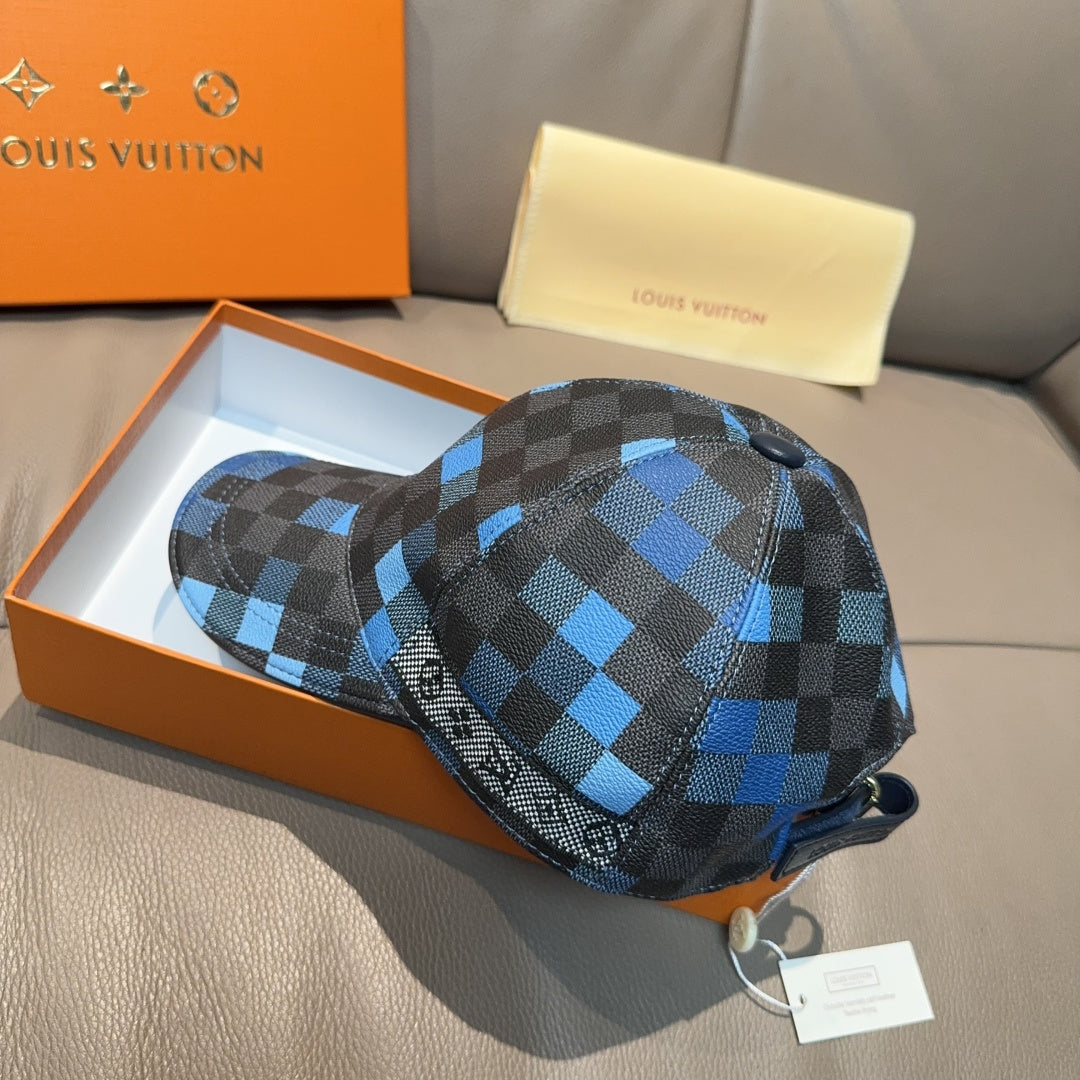 Louis Vuitton baseball cap with blue and black checkered fabric and curved brim