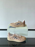 Beige low-top sneakers, white laces, Burberry check panel on outer side