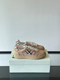 Beige low-top sneakers, white laces, Burberry check side stripe