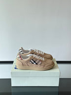 Beige low-top sneakers, white laces, Burberry check side stripe