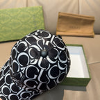 Gucci cap close-up: black-and-white GG monogram crown with button detail