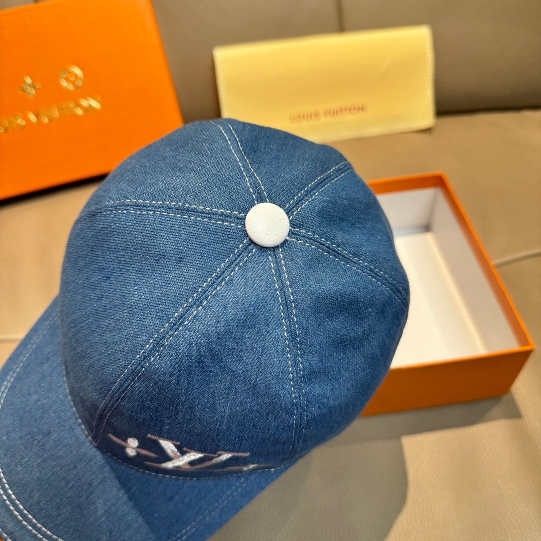 Louis Vuitton blue denim baseball cap with round top button and stitching