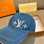 Louis Vuitton blue denim baseball cap with LV logo centered on front