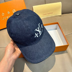 Louis Vuitton denim cap, dark blue with side LV monogram flower embroidery