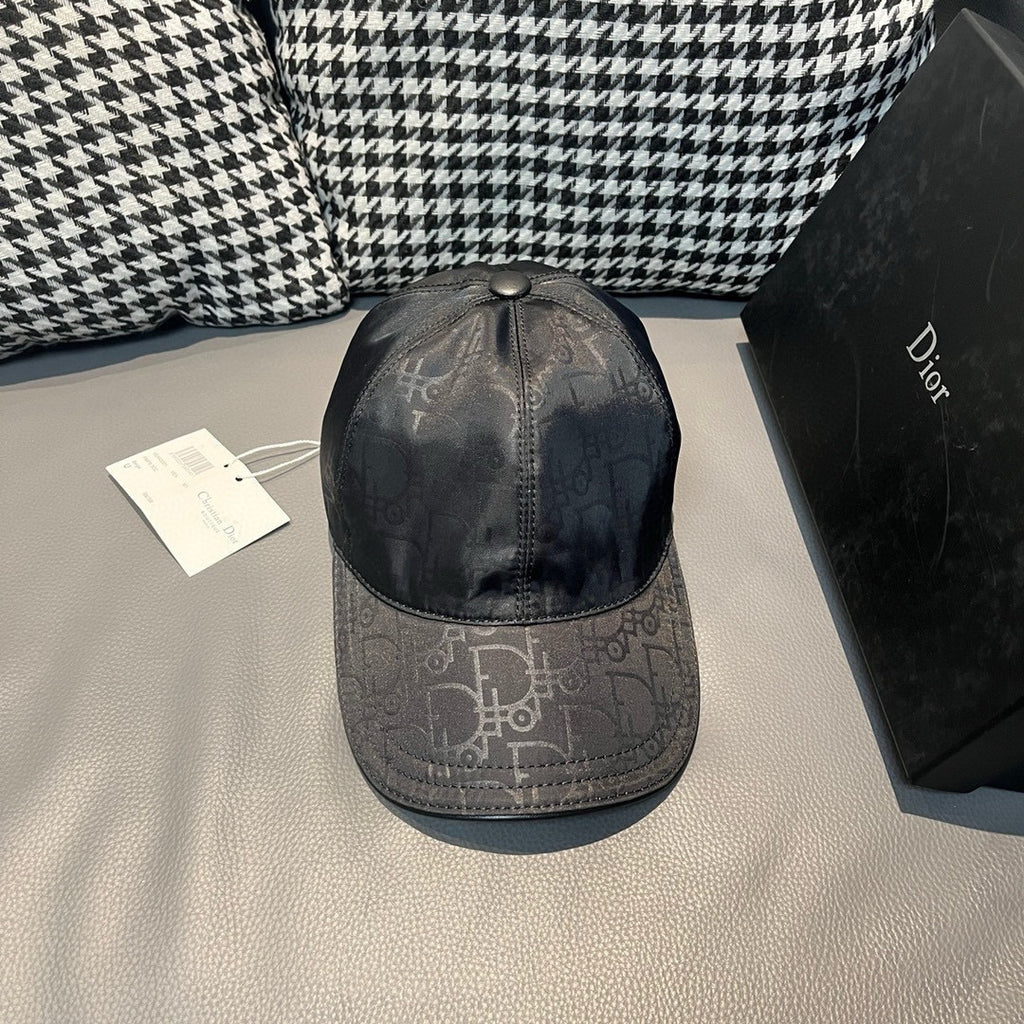 Dior cap in dark gray with monogram print, curved brim, snapback button detail