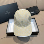 Beige monogram baseball cap with patterned fabric and small round top button