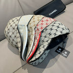 Baseball cap with beige fabric and multi-color logo pattern, side view