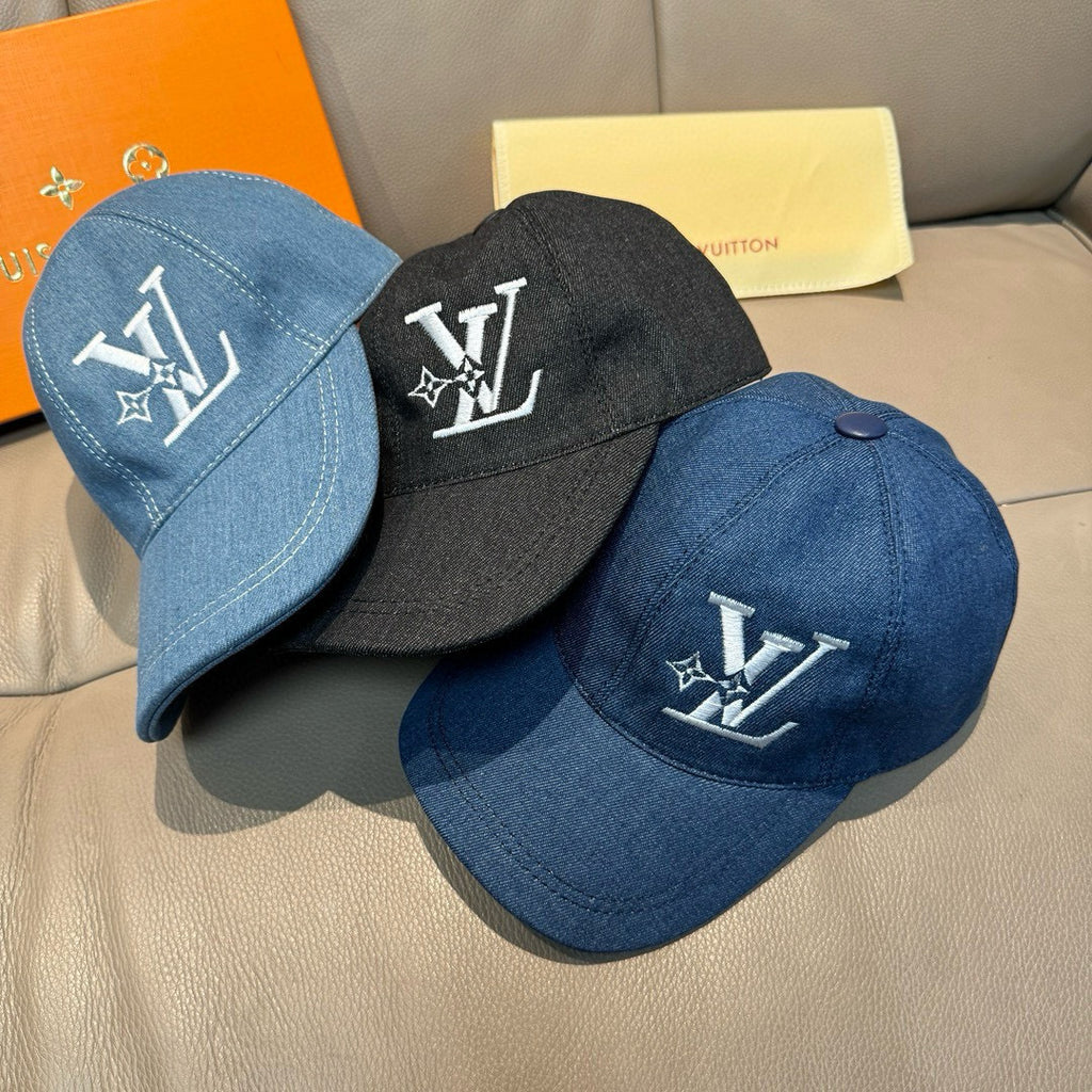 Set of three baseball caps: light blue, black, and dark blue with LV logos.