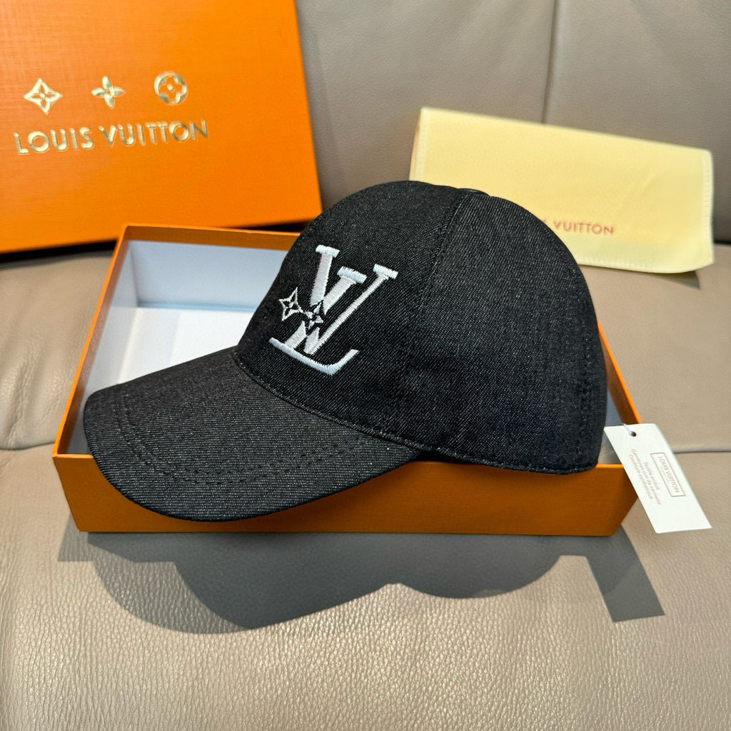 Louis Vuitton denim baseball cap, black with large white LV monogram on front