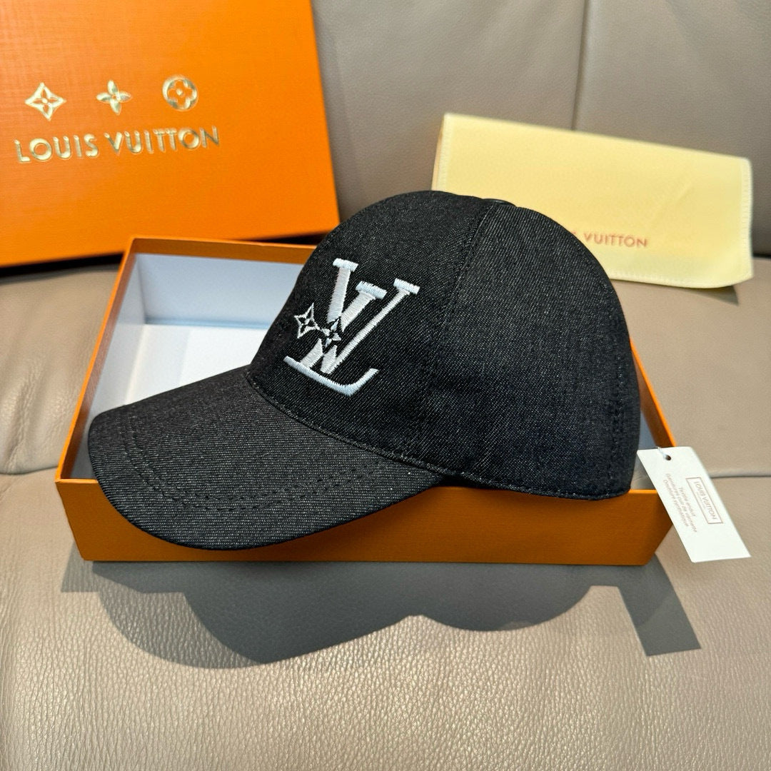 Louis Vuitton denim baseball cap, black with large white LV monogram on front