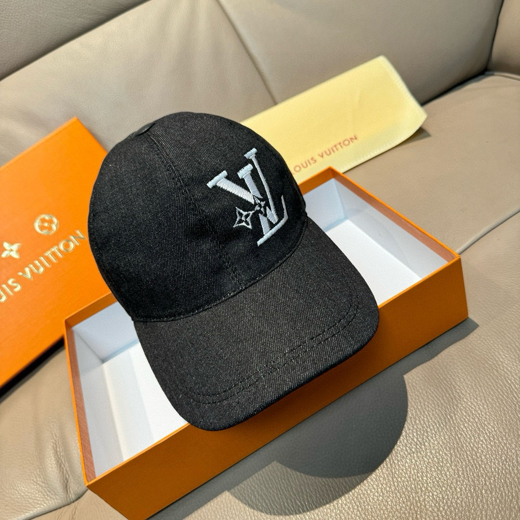 Louis Vuitton denim baseball cap, black with white LV logo embroidery