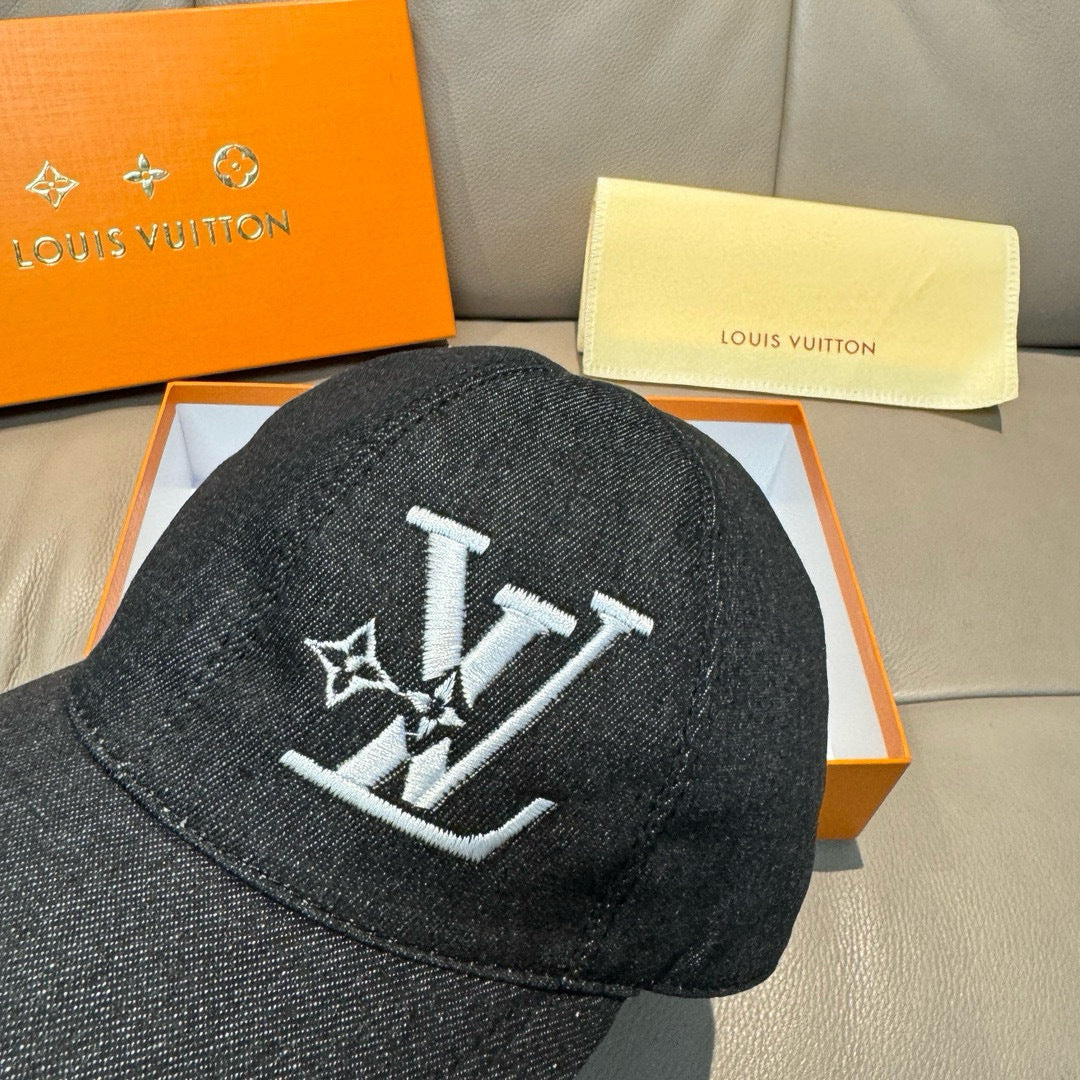 Louis Vuitton denim baseball cap, black with white LV monogram logo patch detail