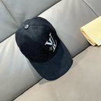 Louis Vuitton denim baseball cap, black with side button and white LV logo
