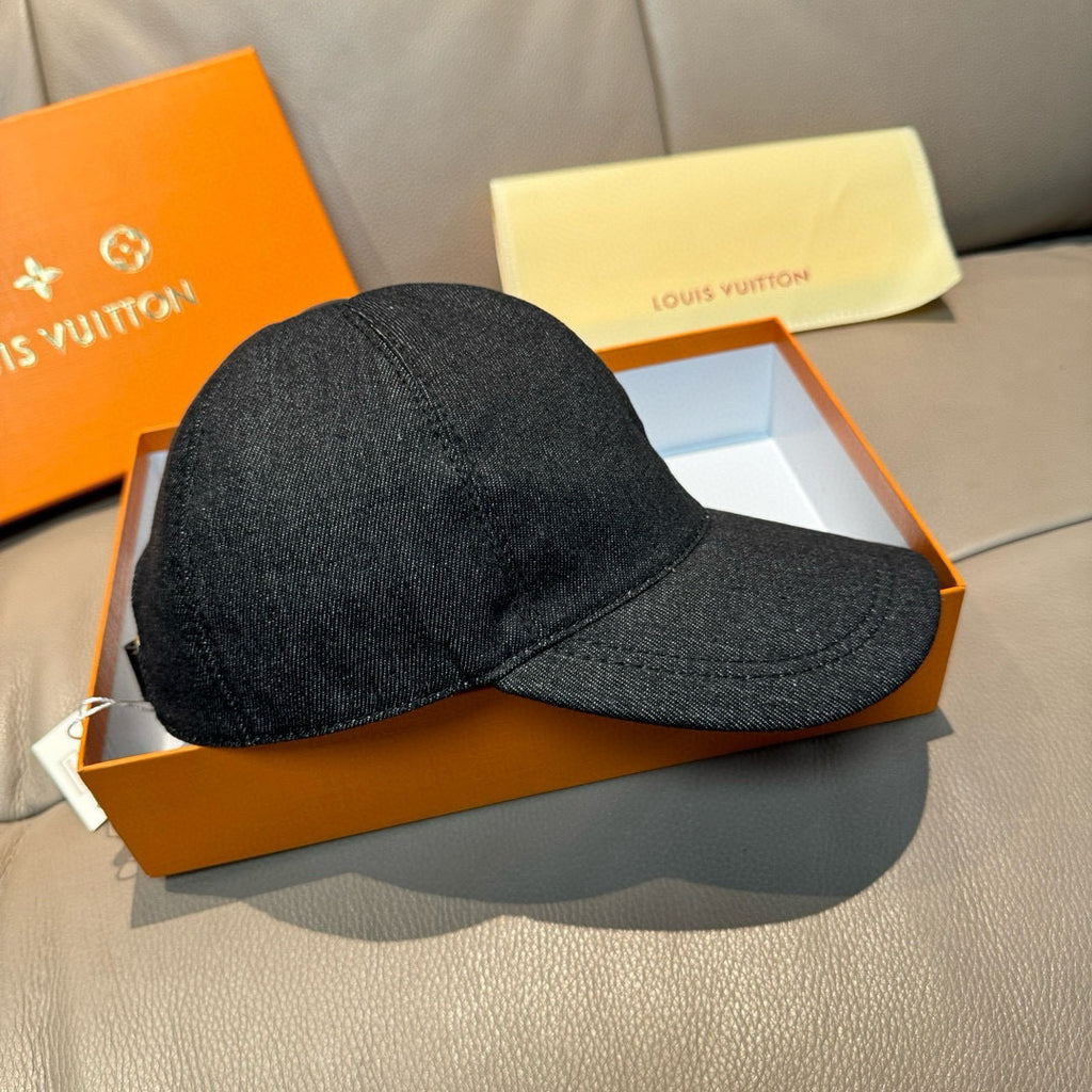 Louis Vuitton denim baseball cap, black curved brim, back view with top button