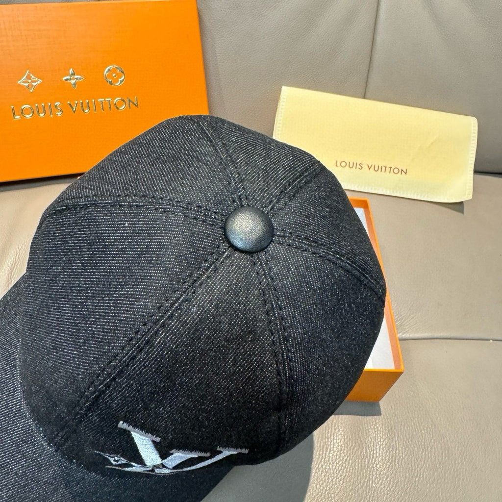 Louis Vuitton denim baseball cap, black with button top and small LV on back
