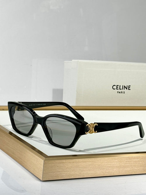 Black rectangular eyeglasses with dark lenses and gold C detail on the bridge