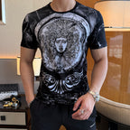 Versace graphic T-shirt and shorts set, black with ornate face print, side hand pose
