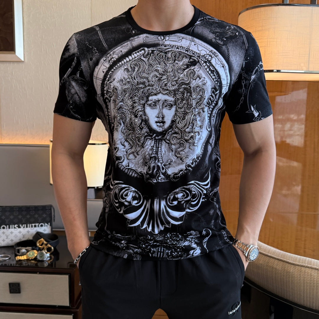 Versace graphic T-shirt and shorts set, black with ornate face print in silver tones