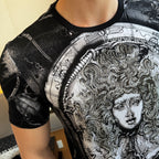 Versace graphic T-shirt, black with silver baroque face and beaded headdress print