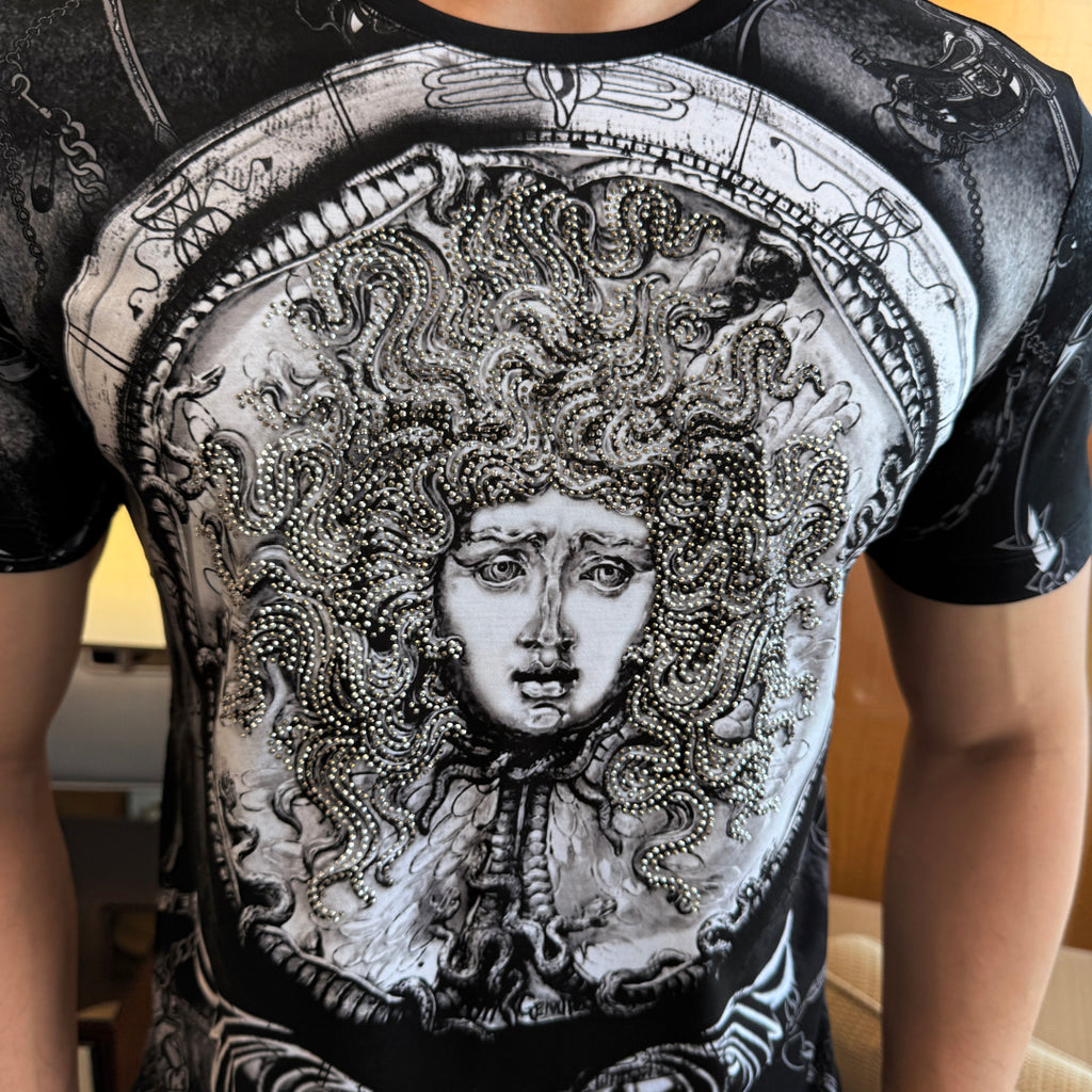Versace graphic T-shirt, black with silver portrait face print and ornate beading border