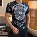 Versace graphic T-shirt and shorts set, black with baroque face graphic and silver details