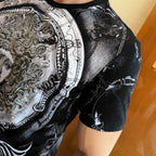Versace graphic T-shirt sleeve detail, black with silver baroque motifs and chain pattern