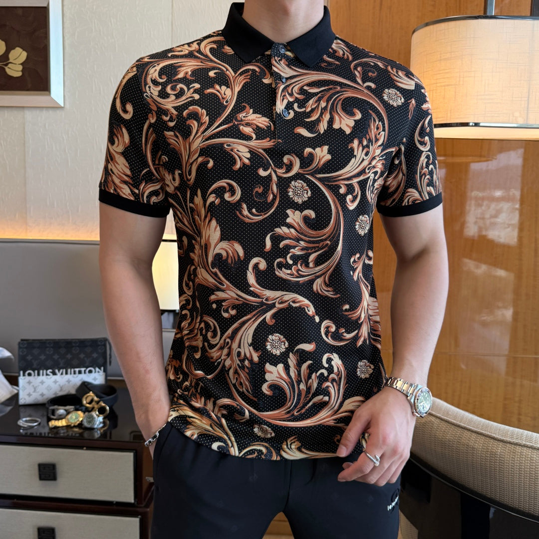 Short-sleeve polo shirt featuring black base with gold and orange baroque pattern