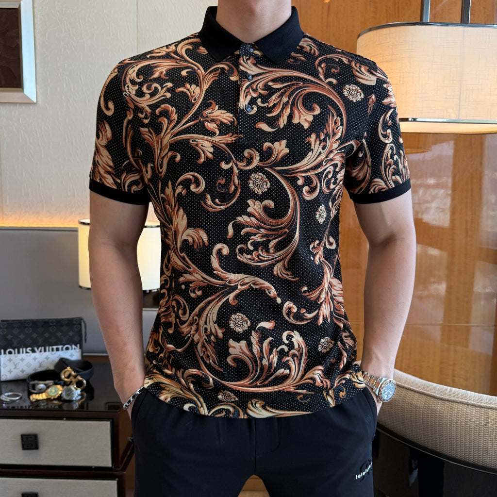 Versace short-sleeve polo shirt with black collar and gold-orange ornate swirl print