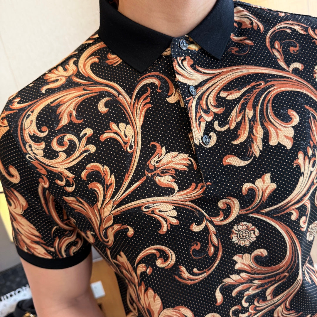 Close-up of patterned polo shirt showing black collar and buttoned neckline