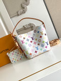 Louis Vuitton multicolor monogram mini handbag with tan leather handles and strap