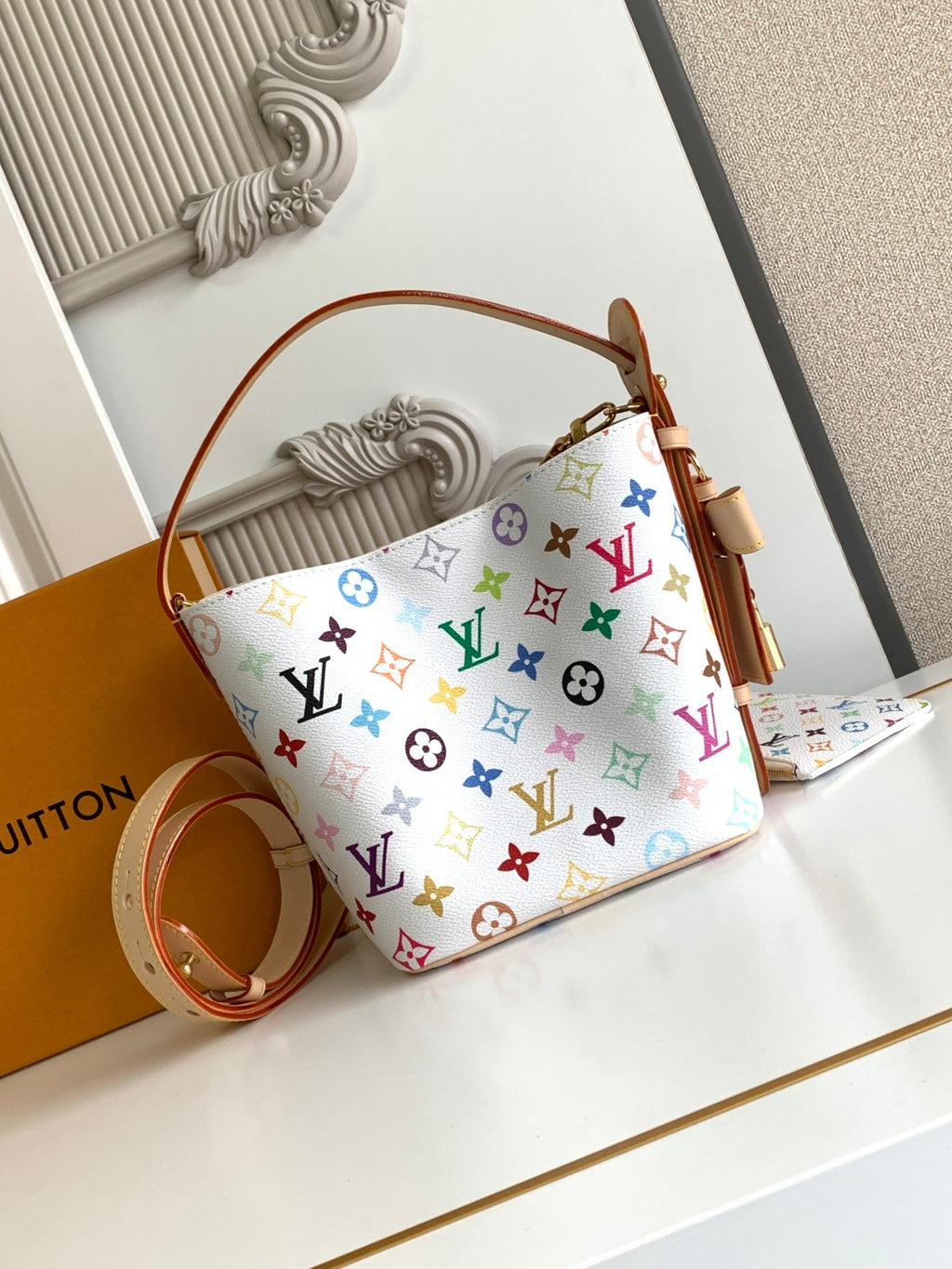 Louis Vuitton multicolor monogram mini handbag with tan strap and top handle