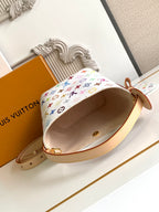 Louis Vuitton multicolor monogram mini bag with tan strap and open beige interior