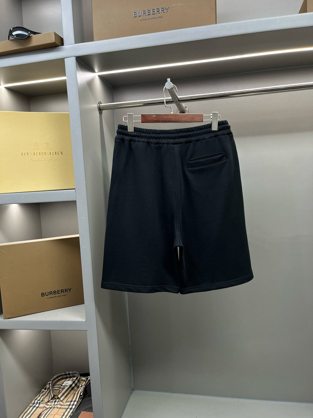 Burberry dark navy track shorts with front pocket and drawstring waist