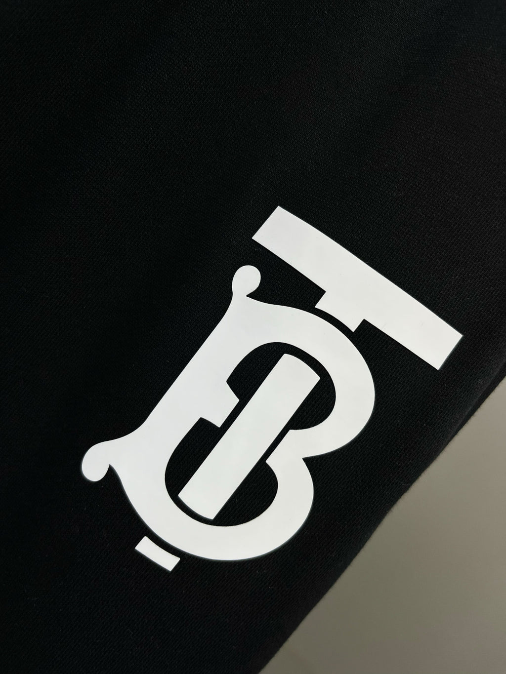 TB logo patch on dark navy track shorts