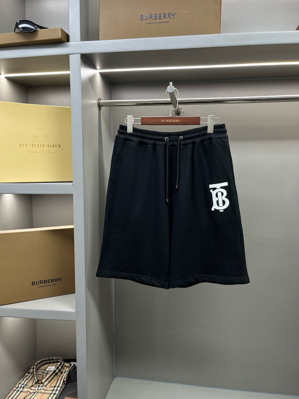 Burberry dark navy logo track shorts with drawstring and elastic waistband