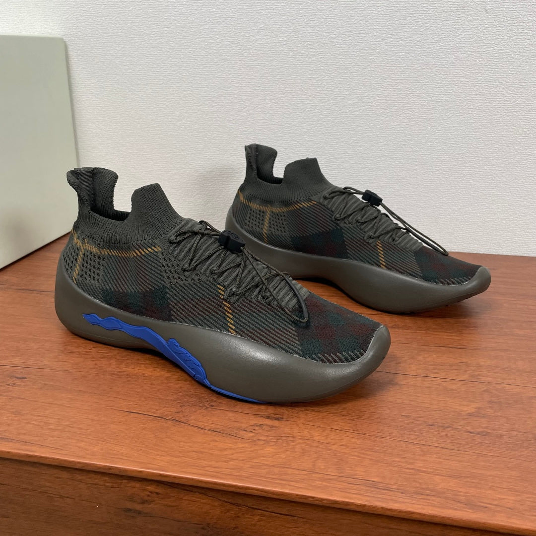Burberry lace-up knit sneakers with blue side stripe and plaid knit upper