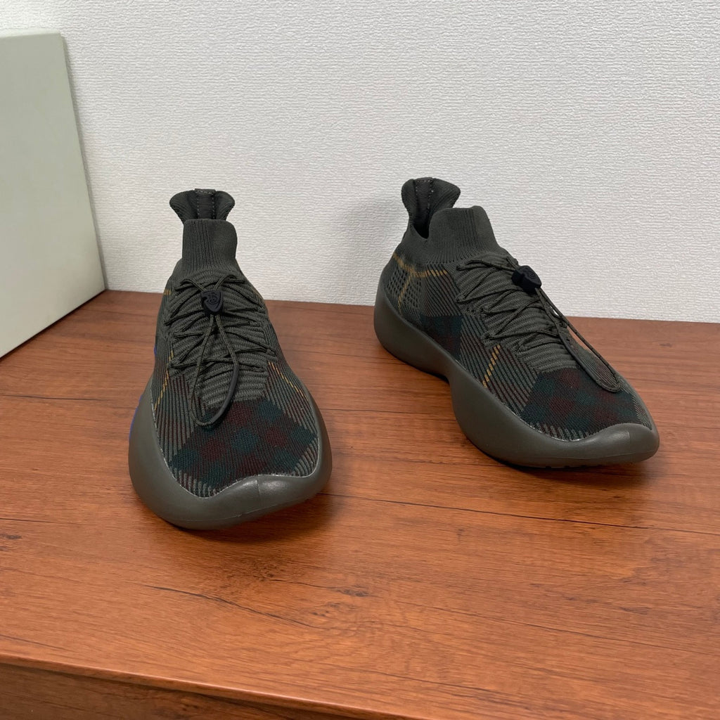 Burberry lace-up knit sneakers in dark plaid with padded dark sole