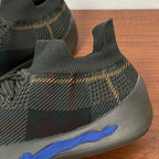 Burberry sneaker toe and side, dark plaid knit with blue side motif